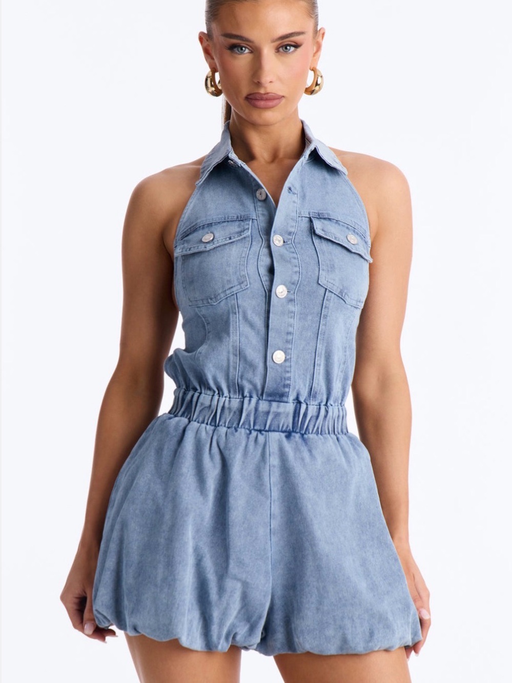 Lennon Denim Halter Bubble Romper